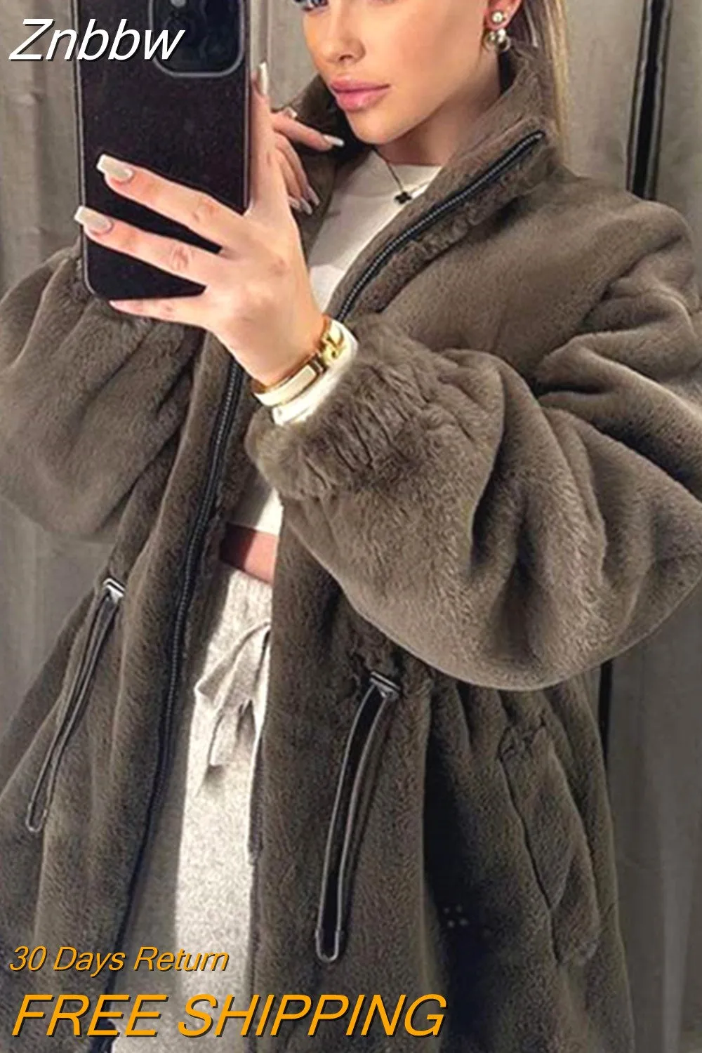 Znbbw Faux Fur Plush Coat Women Solid Stand Collar Zipper Long Sleeve Cardigan Winter Autumn Female Thick Warm Jacket