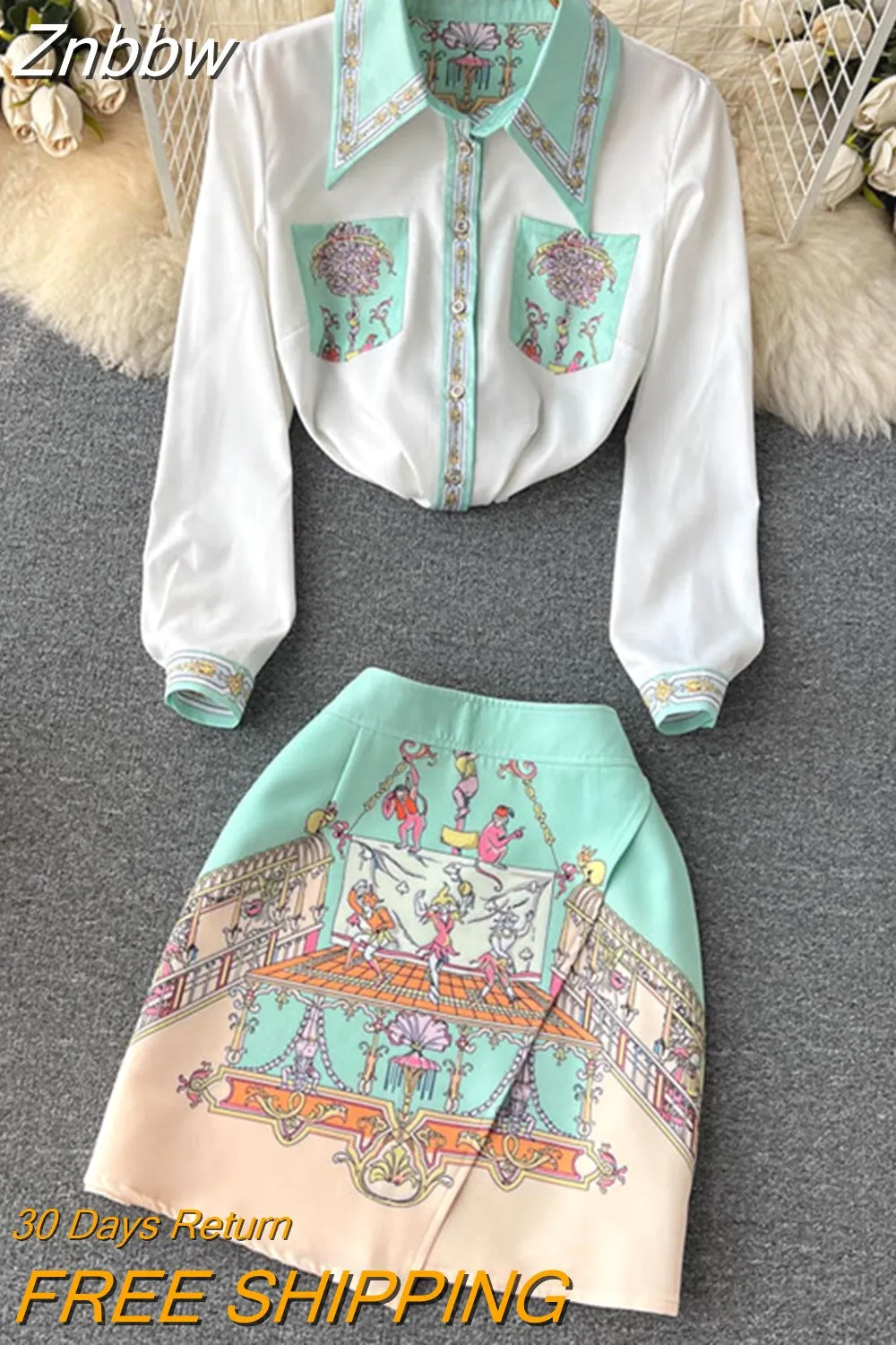 Znbbw Sweet Two Piece Set Women Turn Down Neck Long Sleeve Floral Print Chiffon Shirt Top+Irregular Vintage Mini Skirt Suit