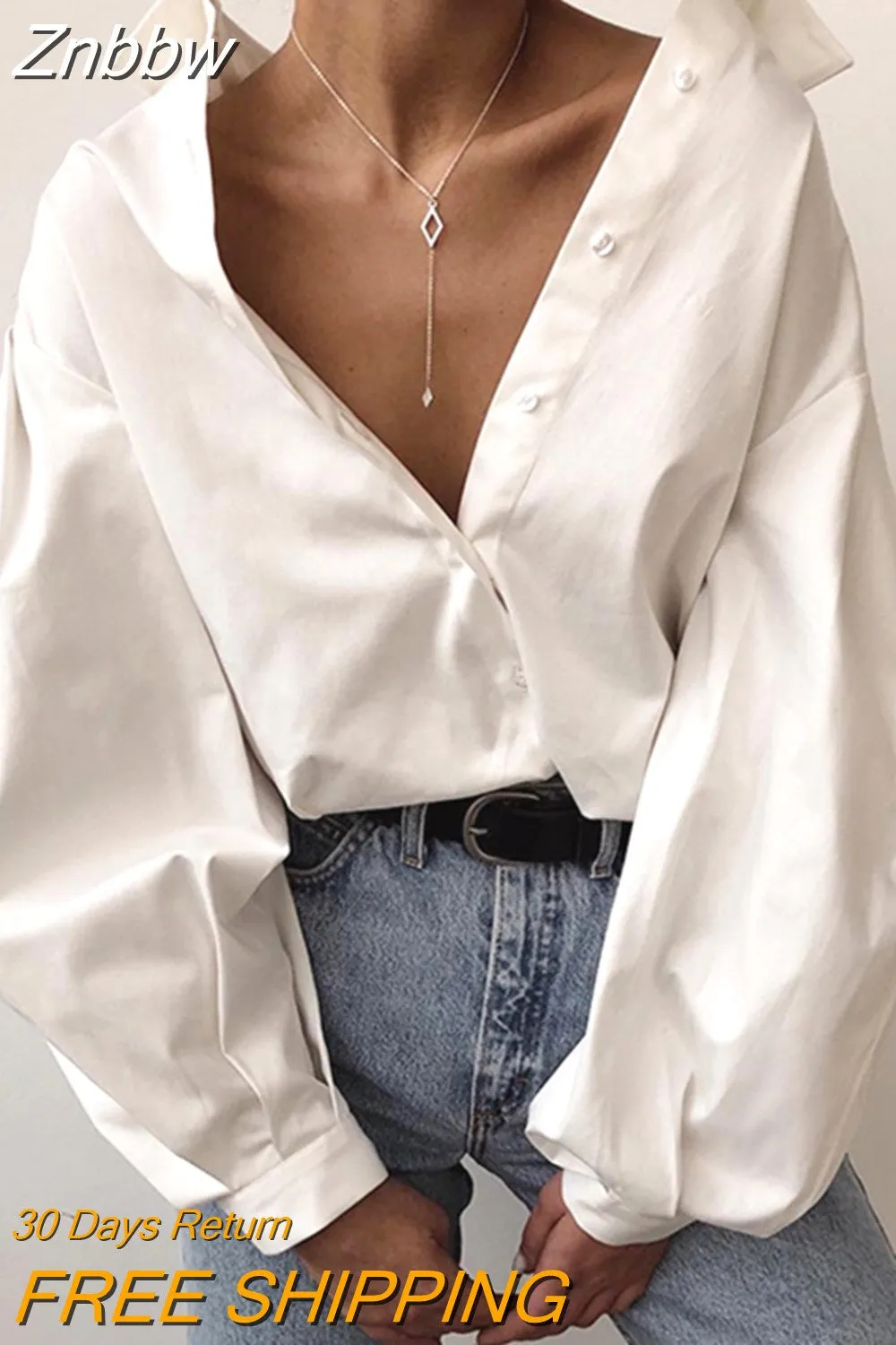 Znbbw Vintage Sexy Button White Blouse Women Lantern Sleeve Elegant Loose Women Shirt Cotton Office Ladies Tops Blusas 10903