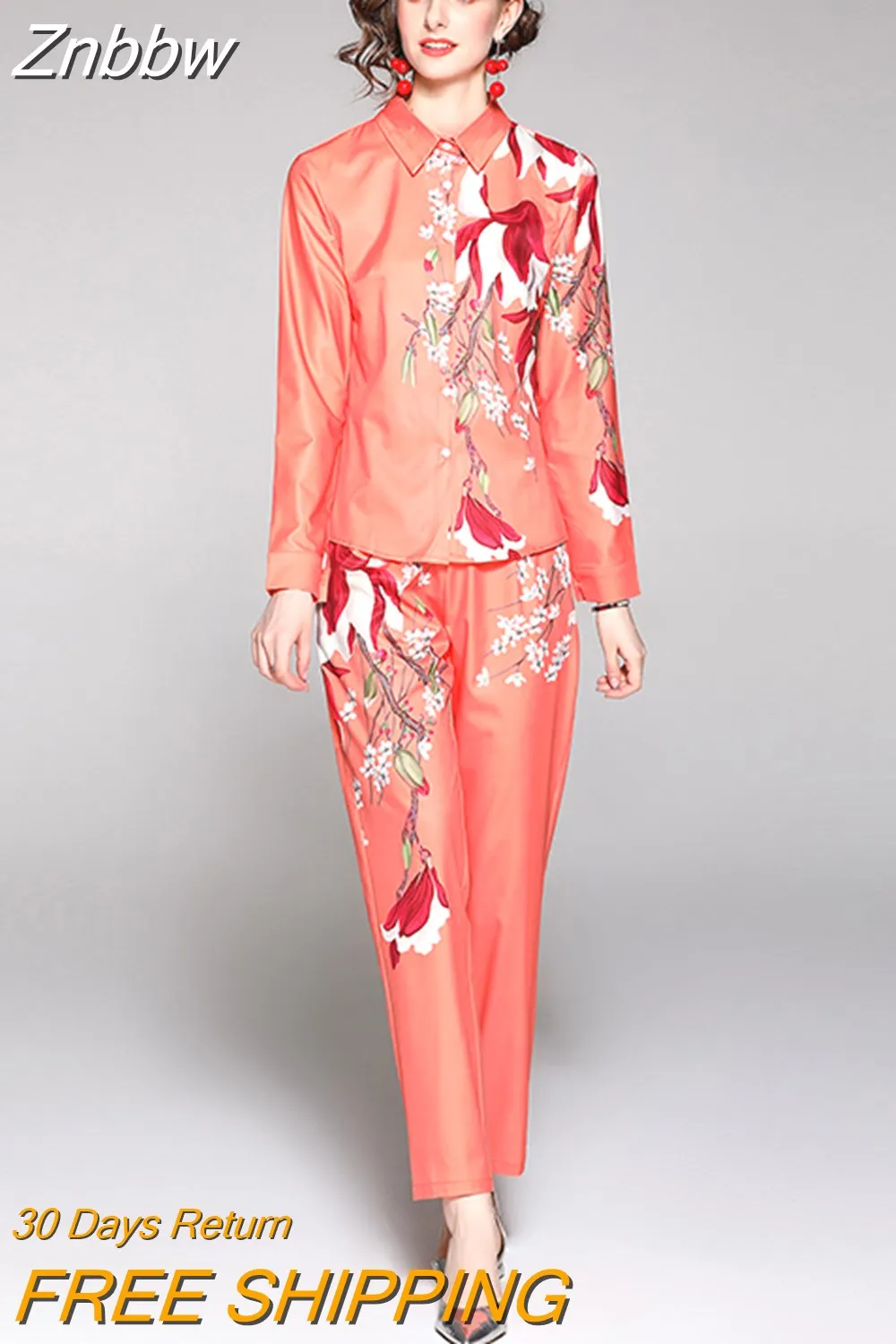 Znbbw Fashion Runway Suit for Women Elegant Long Sleeve Floral Print Shirt and Pants 2 Piece Matching Set Office Outfits N68995