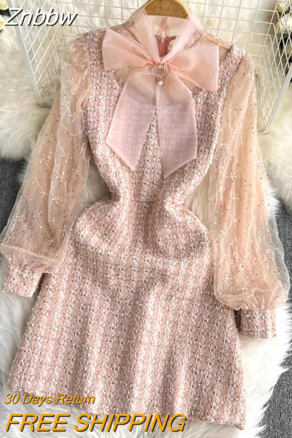 Znbbw Runway Women Lantern Sleeve Sequins Mesh Stitching Tweed Dress New Spring Fashion Sweet Bow Pink Tweed Dress Vestidos