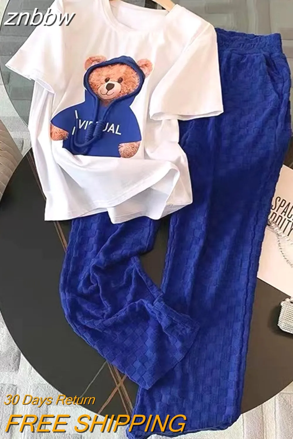 znbbw Women's Cute Cartoon Suits White Bear Print O-Neck Short Sleeve T-Shirt + Blue Elastic Waist Trousers 2 Piece Pants Set Outfits