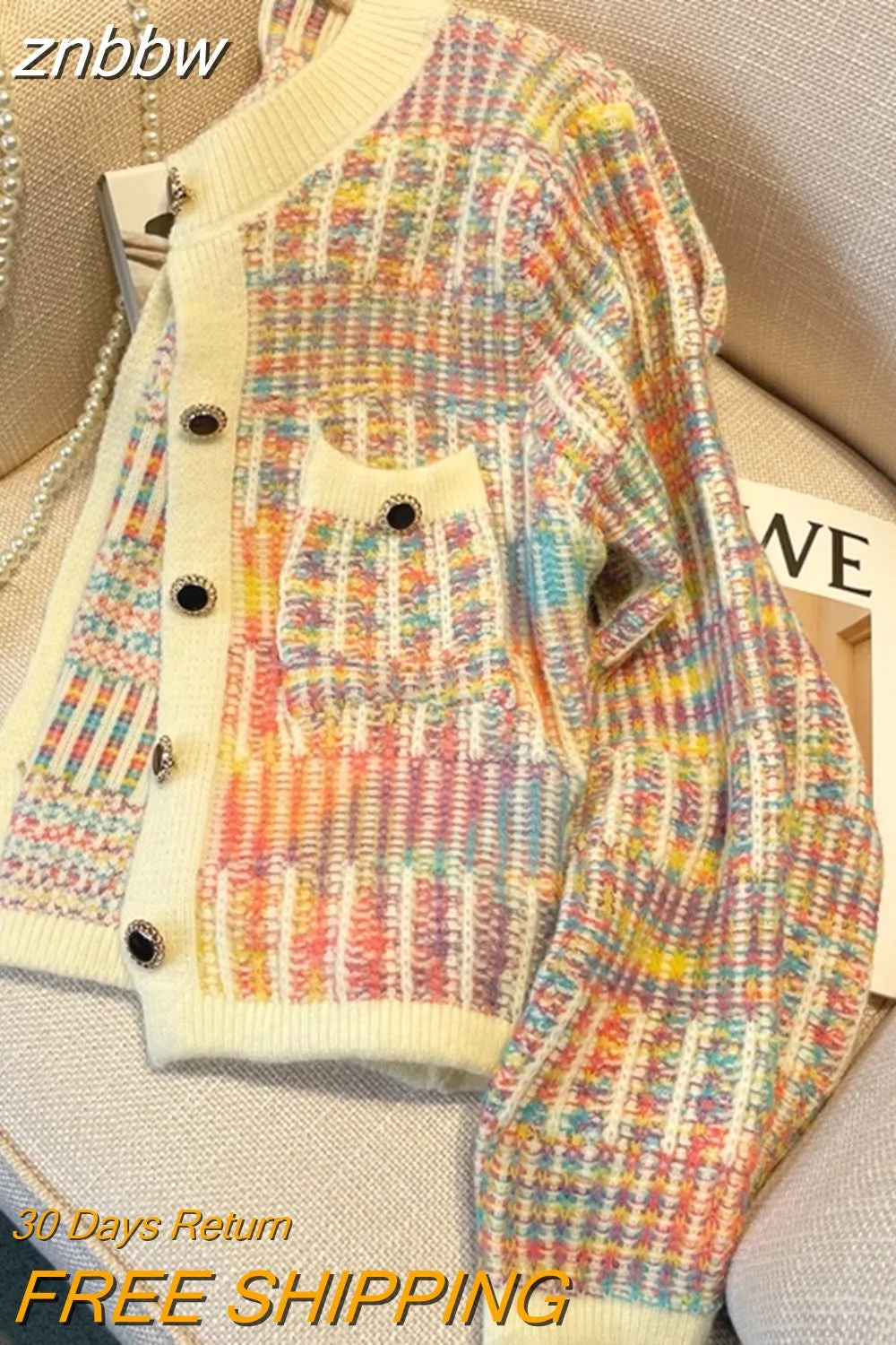 znbbw Korean Vintage Loose Rainbow Striped Knitted Cardigan Sweater Women Long Sleeve Mixed Color Single Breasted Pockets Tops