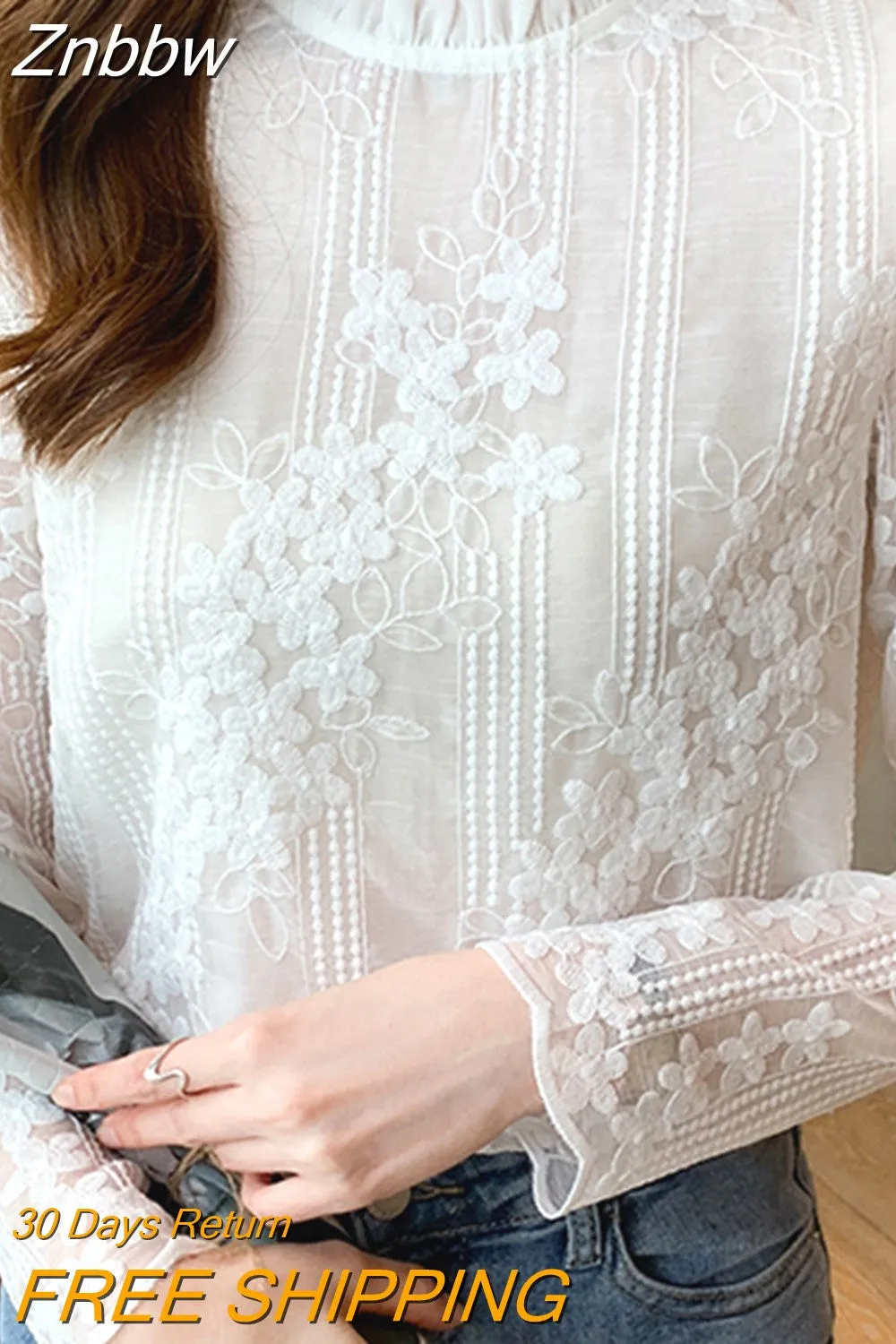 Znbbw Women White Lace Blouse Shirt Long Sleeve Blouse Women Blusas Mujer De Moda 2023 Blouses Femme Women Tops Shirts B609