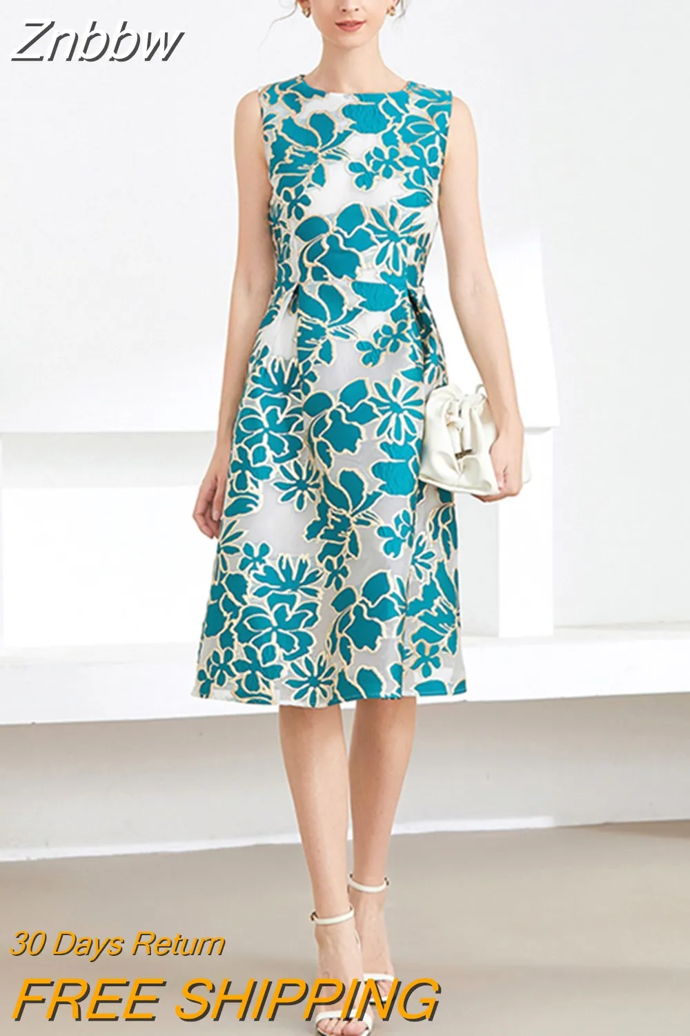 Znbbw Designer Jacquard Spring Summer Dress 2023 Women Fashion Sleeveless O-Neck Print Vintage Dresses Party Vestidos De Festa