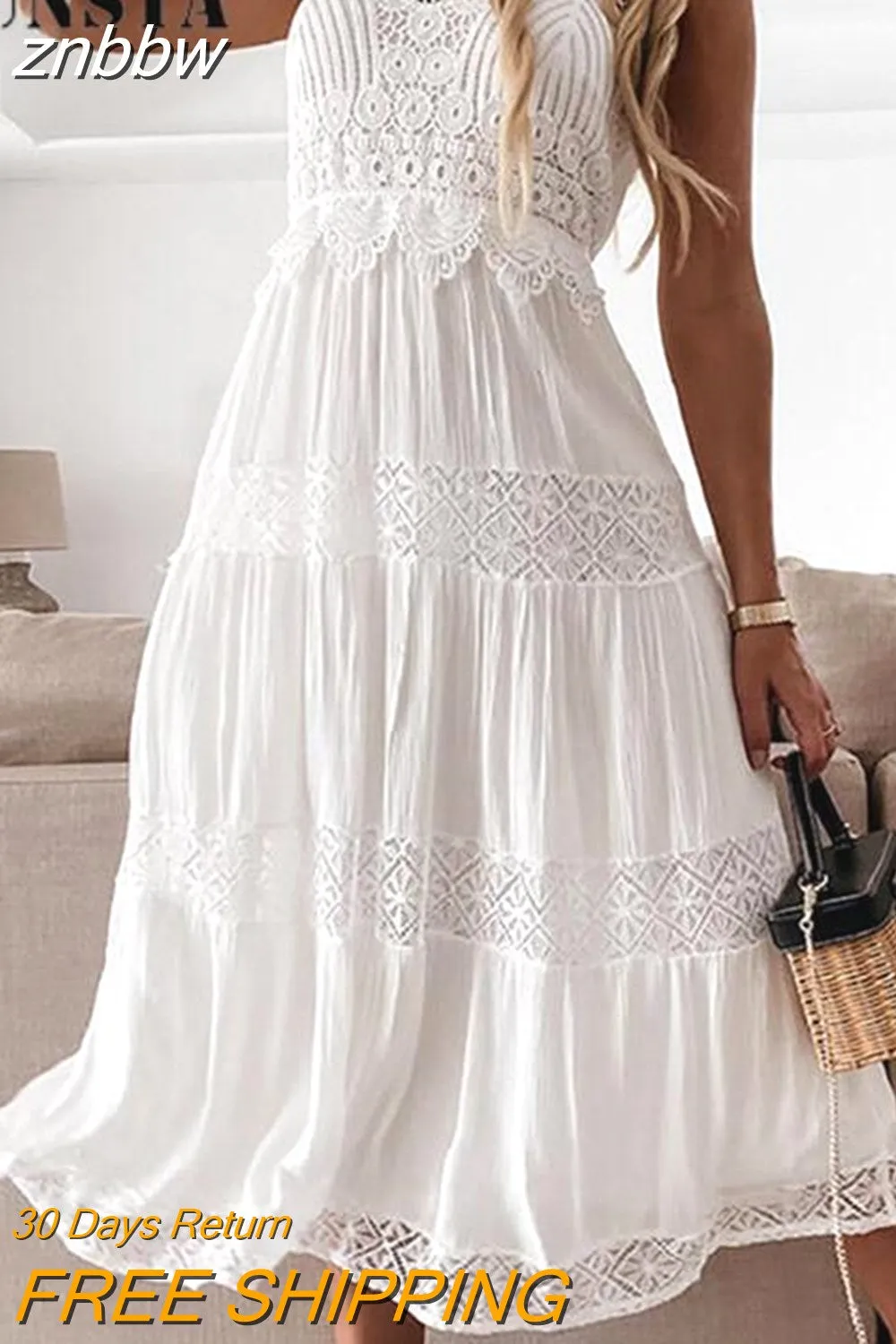 znbbw Women Elegant Vintage Sweet Lace Dress Stylish Embroidery Summer Beach Dress Lady Sexy Boho Hollow Stitching Party Dress