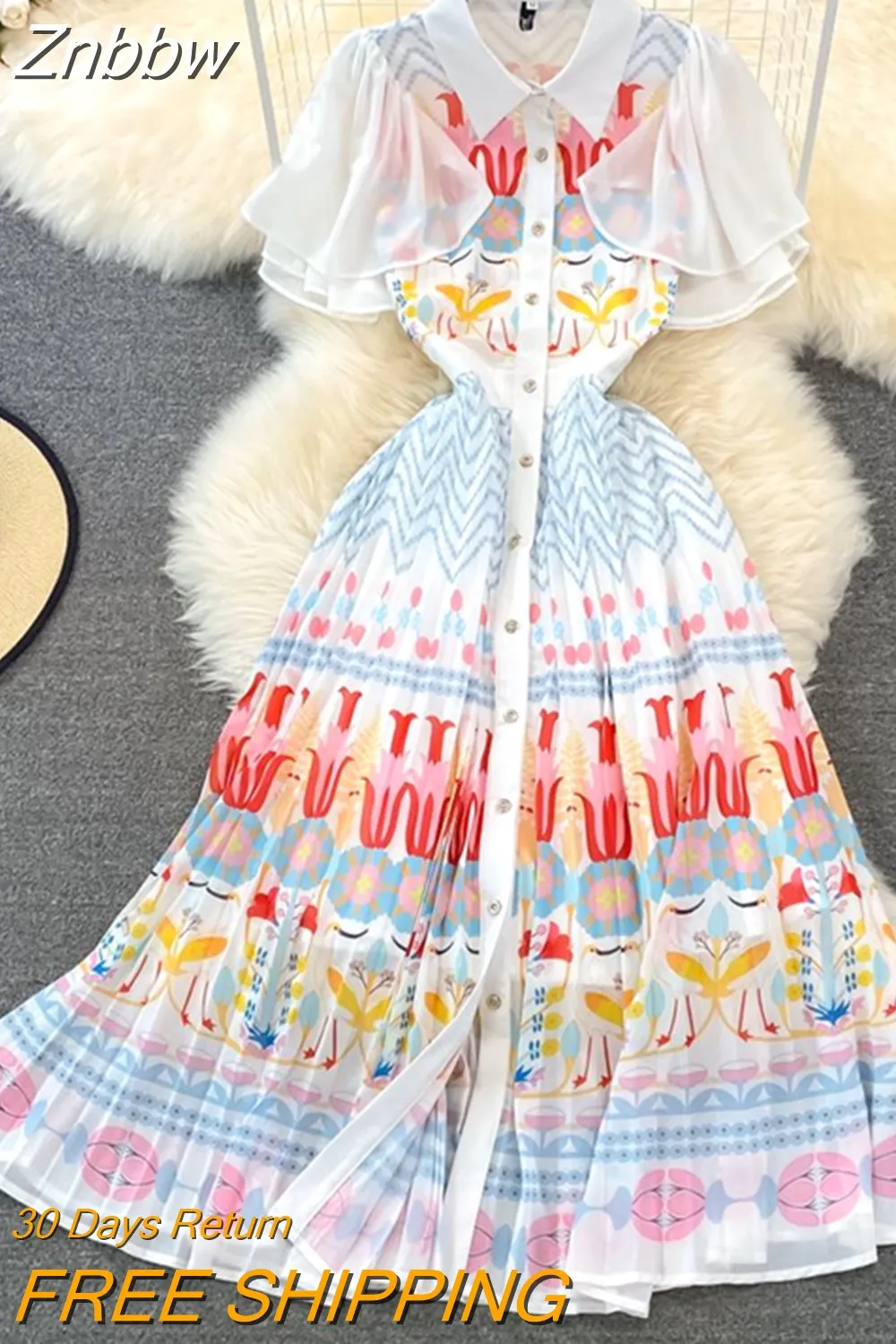 Znbbw Runway Holiday Boho Dress Summer Women Flying Sleeves Flower Print Single Breasted Elegant Midi Chiffon Pleated Dresses