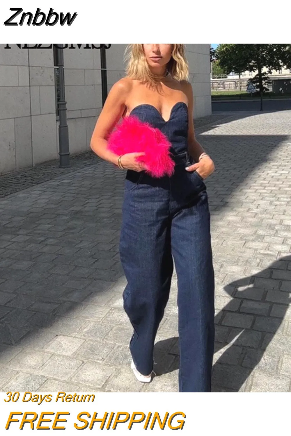 Znbbw TRAF Solid Denim Jumpsuit Women Long Tooling Bra Rompers Summer Female Off Shoulder Backless Belt Design Bodysuit