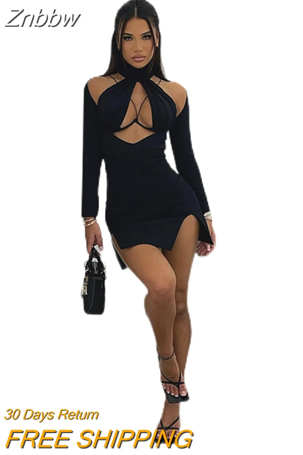 Znbbw Fashion Sexy Hollow Out Long Sleeve O Neck Mini Bodycon Dress Women Autumn Simple Solid Slim Stretch Streetwear New
