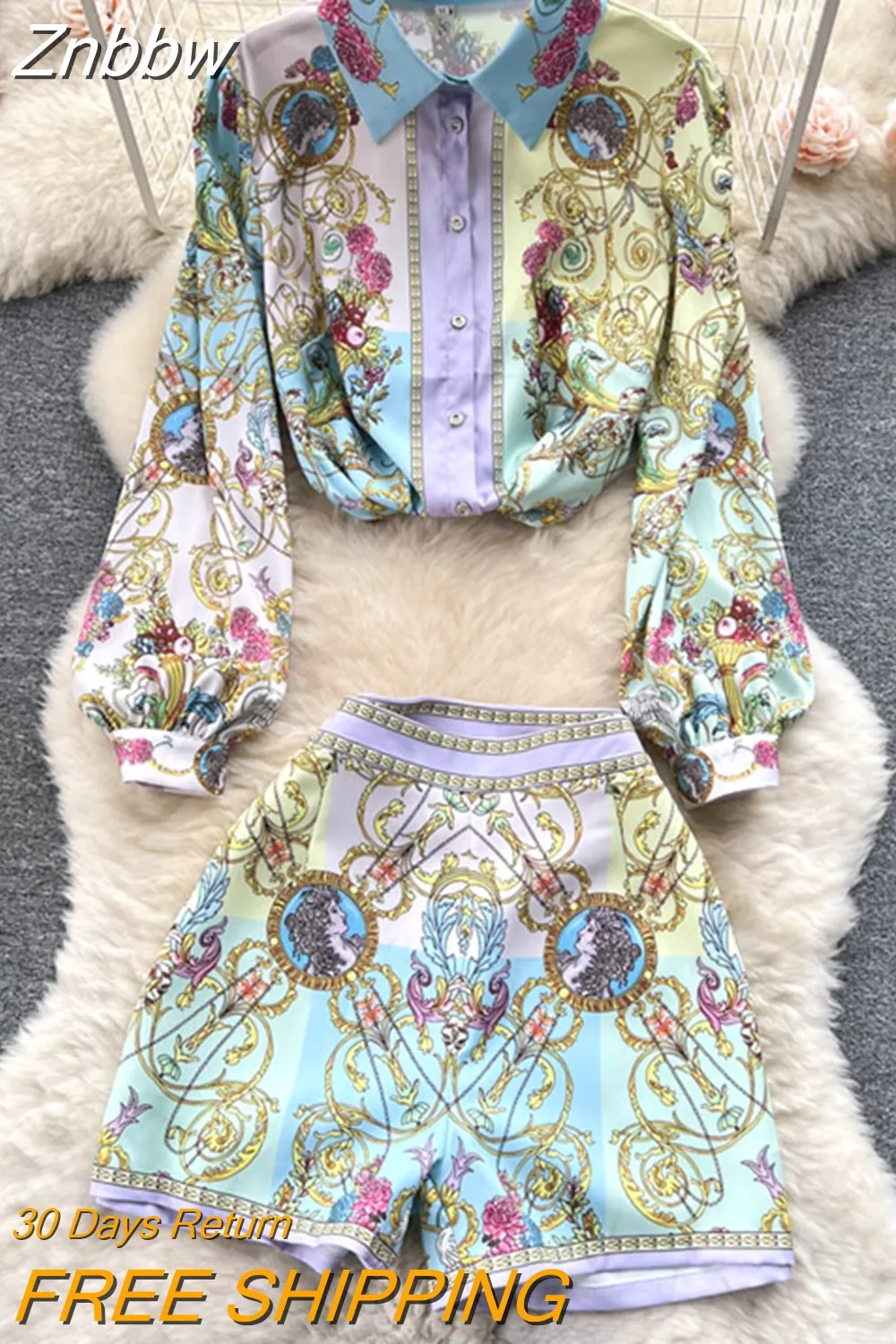 Znbbw Summer Shorts Suit Women Turn-down Collar Vintage Floral Print Shirts and High Waist Pocket Shorts 2 Piece Set N1248