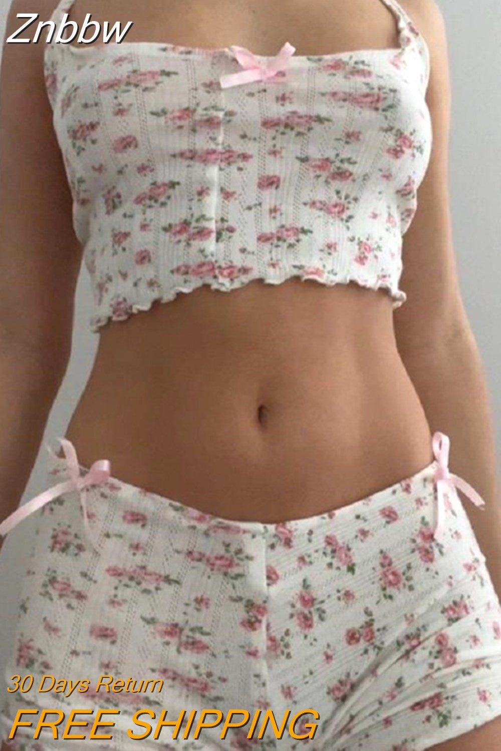 Znbbw Floral Print Tank Crop Tops + Shorts y2k Sweet Aesthetics Bow Fairycore Grunge 2 Piece Set Chic Women Homewear Clothes