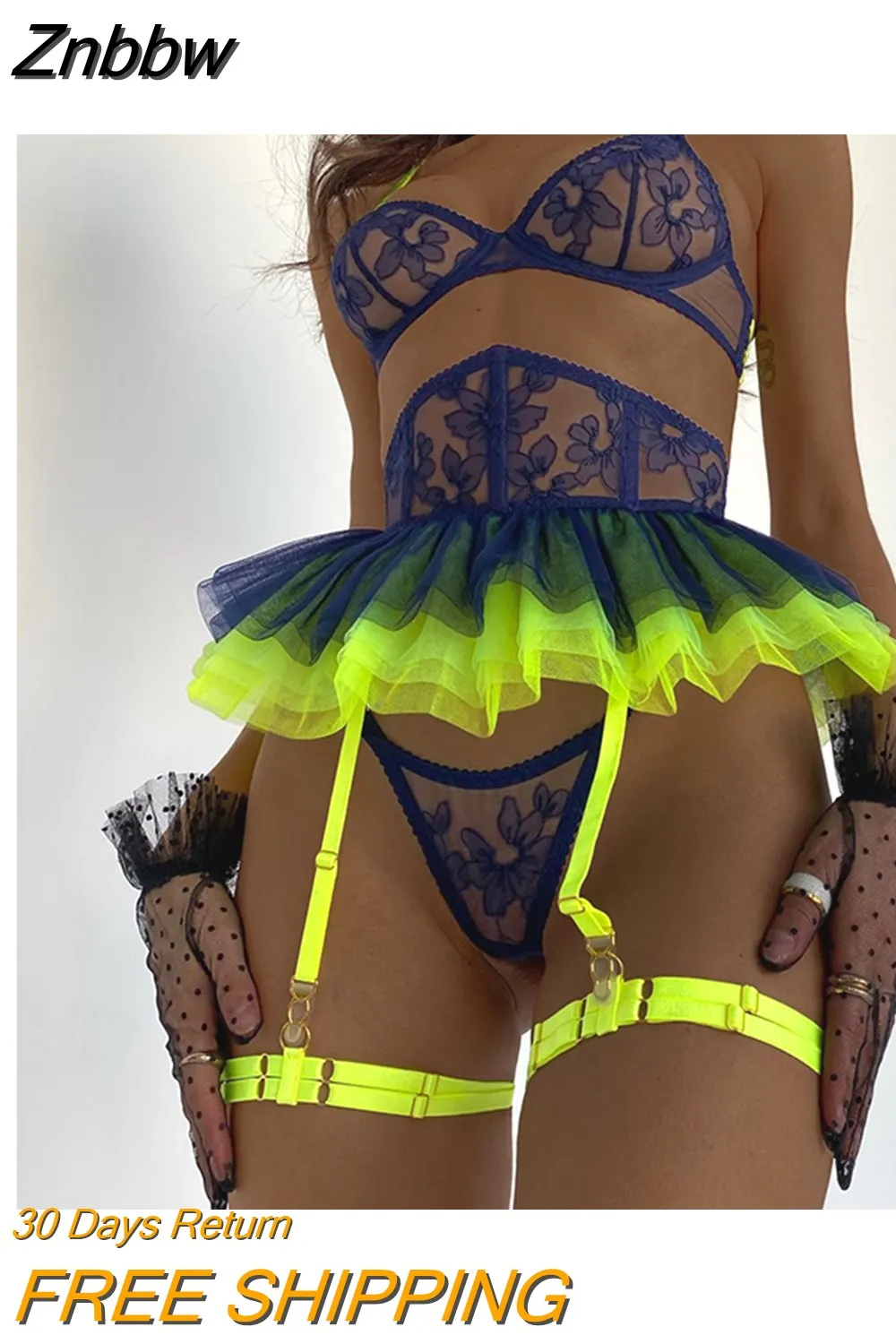 Znbbw Ruffle Neon Lingerie Lace Super Fine Porn Underwear Uncensored Fancy Delicate Intimate Luxury Garter 5-Piece Outfit