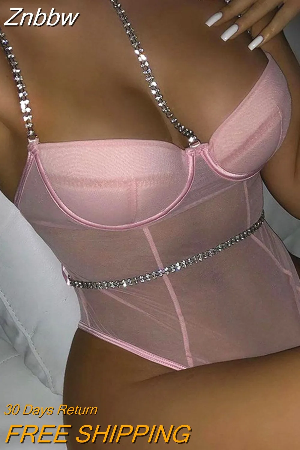Znbbw Rhinestone Sexy Lingerie Bodysuit Women Lace Sleeveless Bodies Underwire Push up Bodycon High Cut Body Backless Top