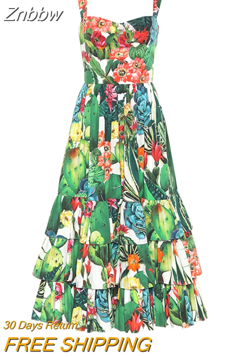 Znbbw Summer Sexy Spaghetti Strap Cotton Dress Women Tropical Jungle Florl Print Blackless Cascading Ruffle Beach Midi Dresses