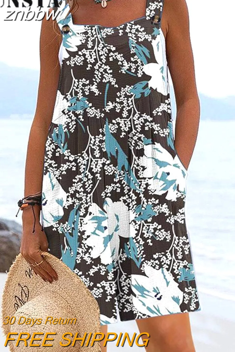 znbbw Casual Pocket Shorts Playsuit Overall Fashion Summer Pattern Print Party Jumpsuit Women Sexy Sleeveless Strap Loose Romper