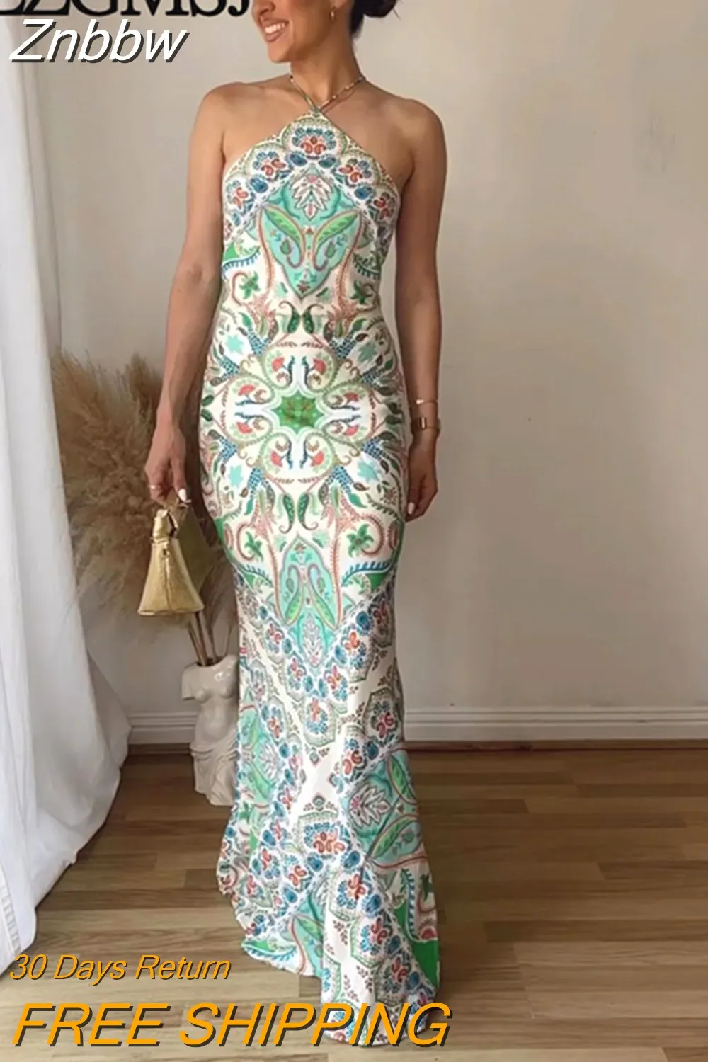 Znbbw TRAF Print Long Dress Women 2023 Backless Dress Woman Ruched Off Shoulder Summer Sexy Evening Party Dresses