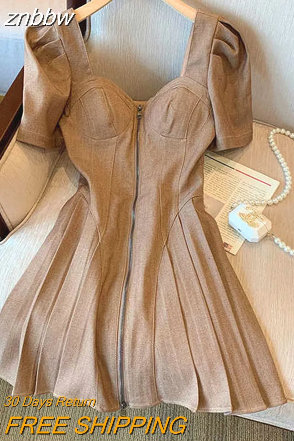 znbbw Vintage Dress Zipper Dress Summer 2023 Chocolate Camisole Sexy Skinny Elegant Chic Female A-line Casual Lady Dress