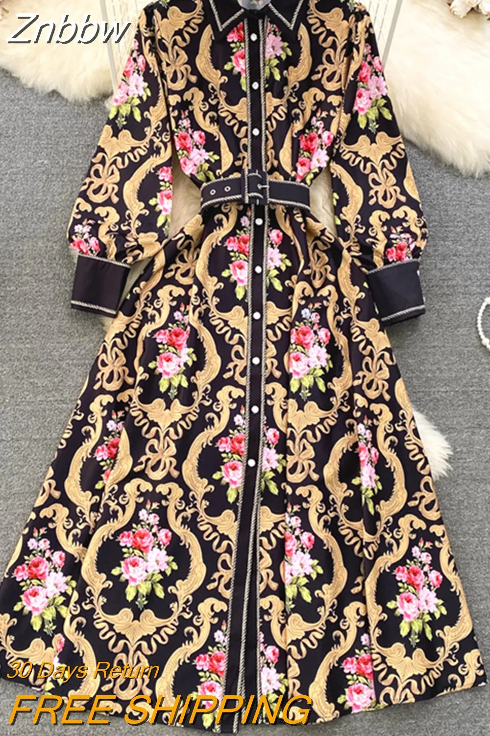 Znbbw Vintage Midi Dress Spring Autumn New Fashion Design Women Runway High Street Black Flowers Print Belt Elegant Dress