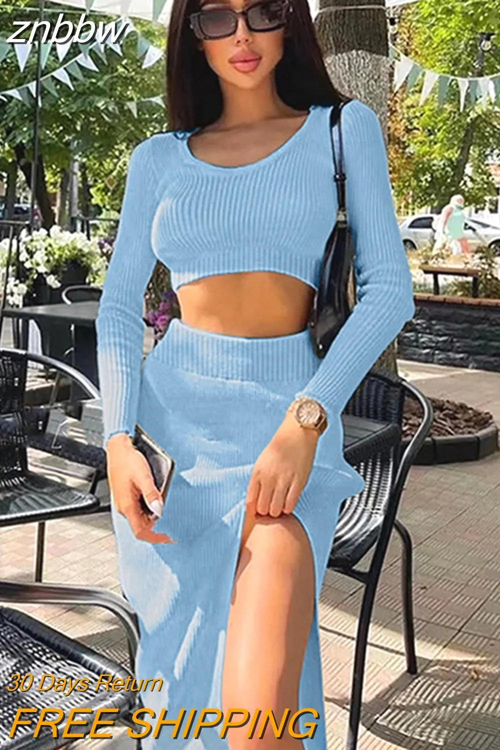 znbbw Fall Sexy Solid Ribbed 2 Two Piece Sets Fall Outfit For Women 2023 Long Sleeve O Neck Crop Top And Skirt Sets Female