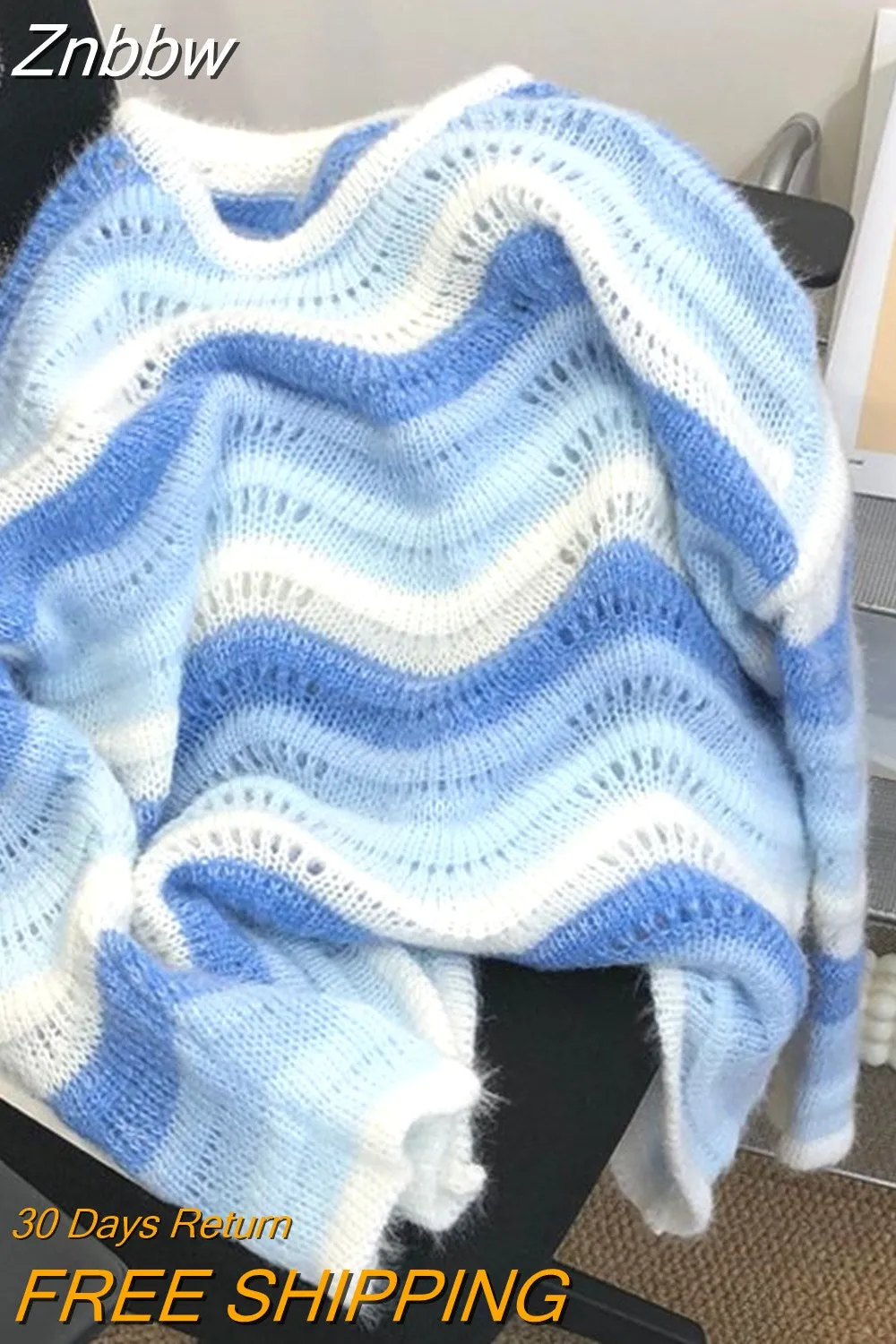 Znbbw Vintage Oversized Sweater Women Harajuku Striped Knitted Pullover Korean Fashion Sweet Hollow Out Loose Jumper Y2K Tops