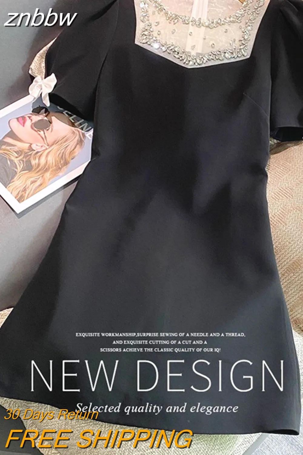 znbbw Elegant Square Neck Patchwork A-line Dress 2023 Summer Women Short Sleeve Casual Loose Bow Decoration Black Dresses