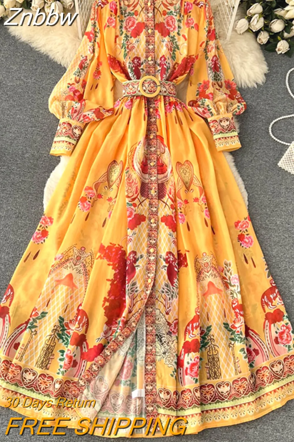 Znbbw New Runway Flower Elegant Chiffon Maxi Dress Women Stand Collar Long Sleeve Floral Print Holiday Party Split Robe Vestidos