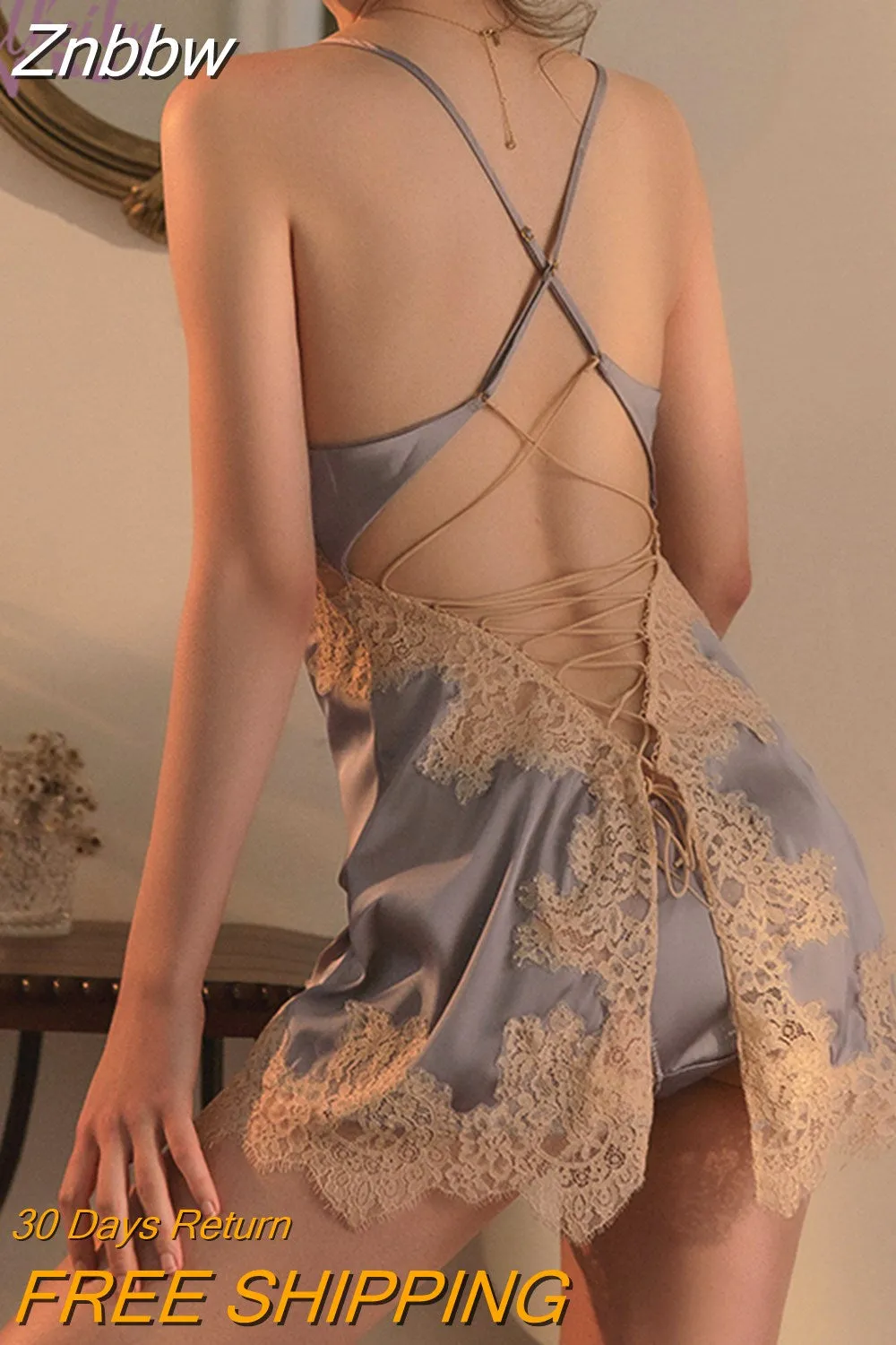 Znbbw Grey Silk Nightdress Plus Size Lingere Vintage Nightgowns Dropshipping