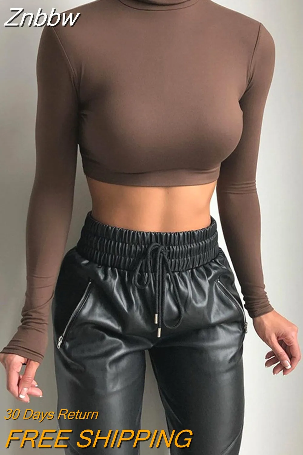 Znbbw Sheath Women Solid Turtleneck Tshirt Autumn Stretch Casual Undershirt Female All-match Street Activity Crop Tops