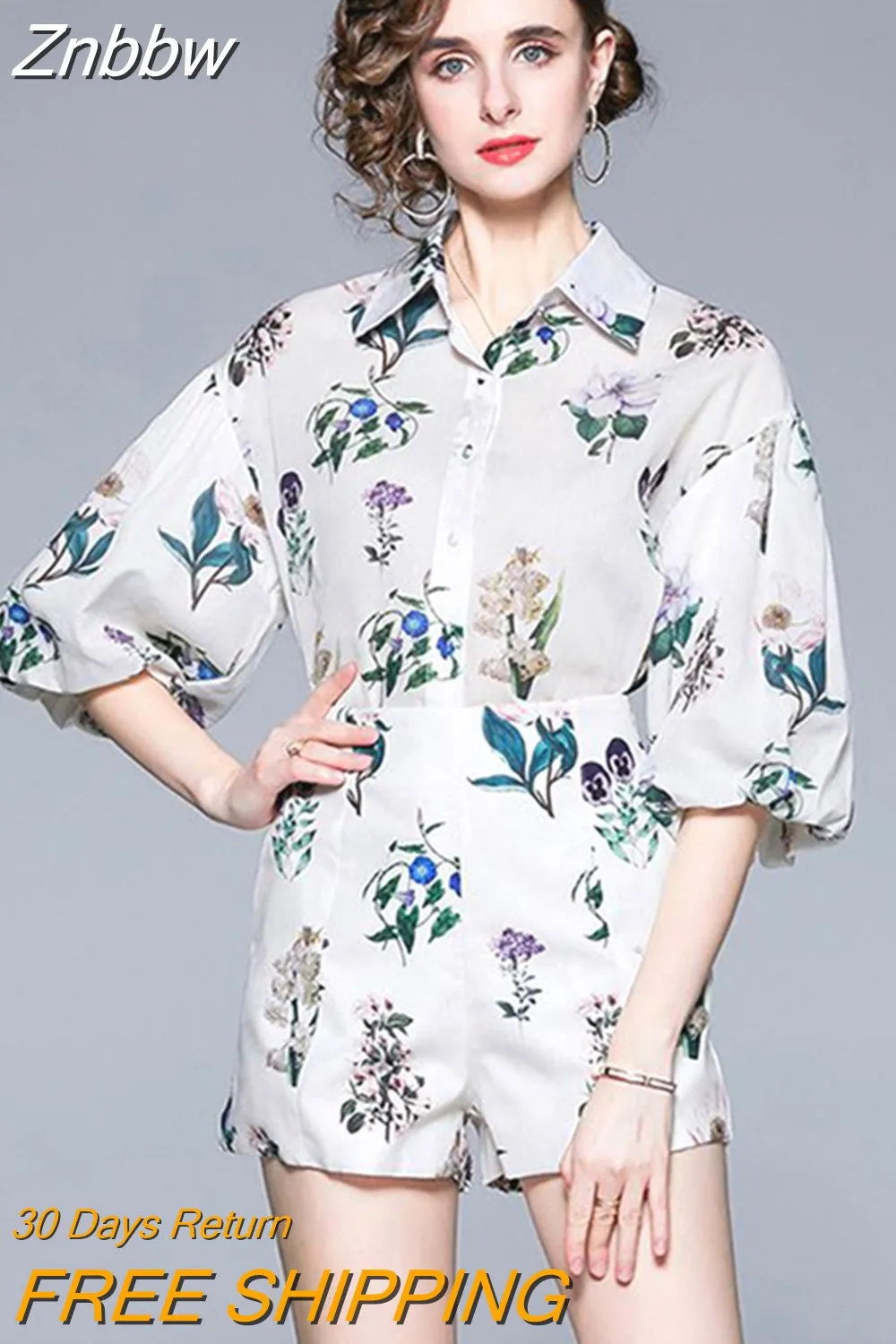 Znbbw Two Pieces Sets Women Clothing Floral Print White Tops and A-Line Pockets Short Set 2 Piece Set Party Outfits N2992
