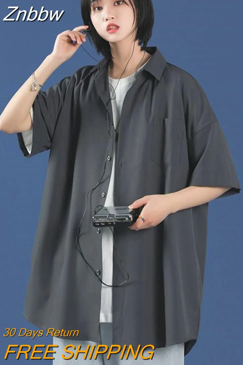 Znbbw Oversized Shirt for Women Streetwear Long Sleeve 2023 Summer Harajuku Men's Shirts Student Short Sleeve Top Blouse