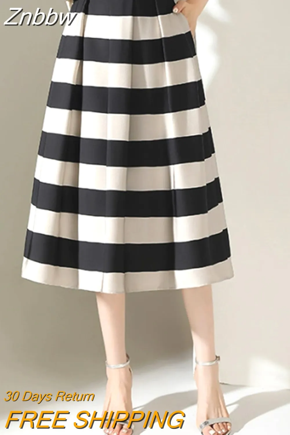 Znbbw Big Black White Striped Baggy High Waist A-Line Skirts For Women Summer Vintage Casual Streetwear Pleated Long Skirts