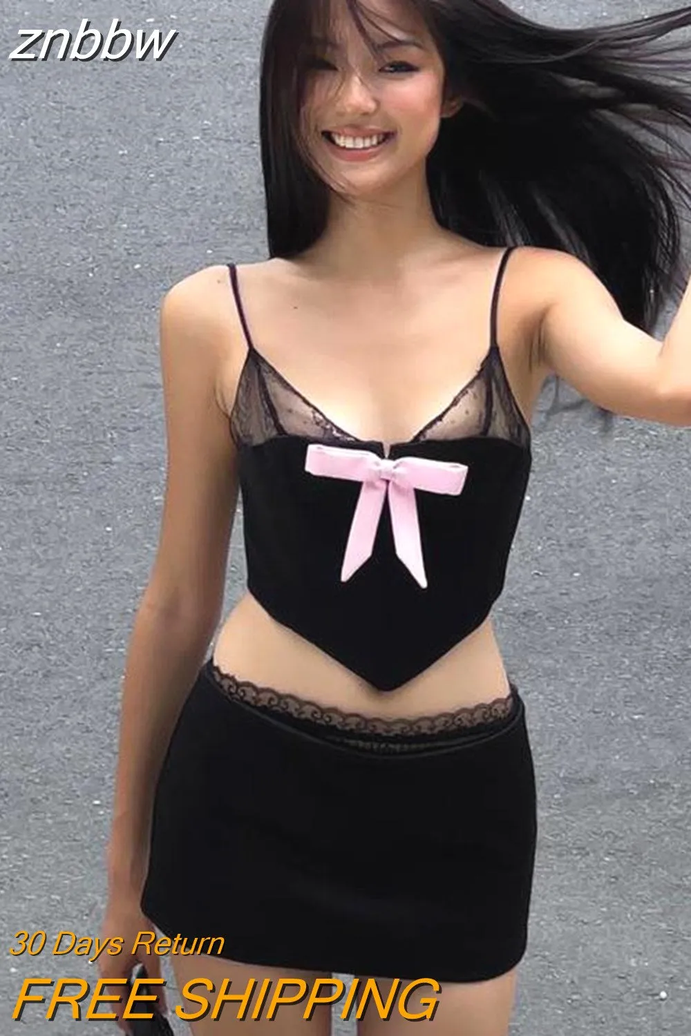 znbbw Sexy Backless Bow Spice Girl Tank Crop Top V-neck Lace Sleeveless Streetwear Casuals Summer Ladies Solid Clothes Party