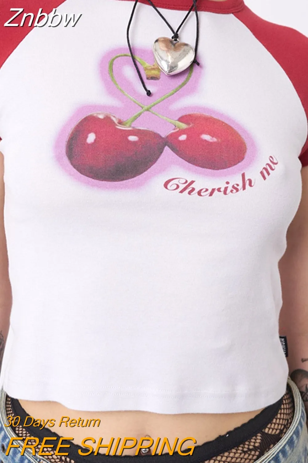 Znbbw Women Y2K Graphic Print Short Sleeve Crop Tops T-Shirt Round Neck Slim Fit Tee Tops 90S E Girl Clothing