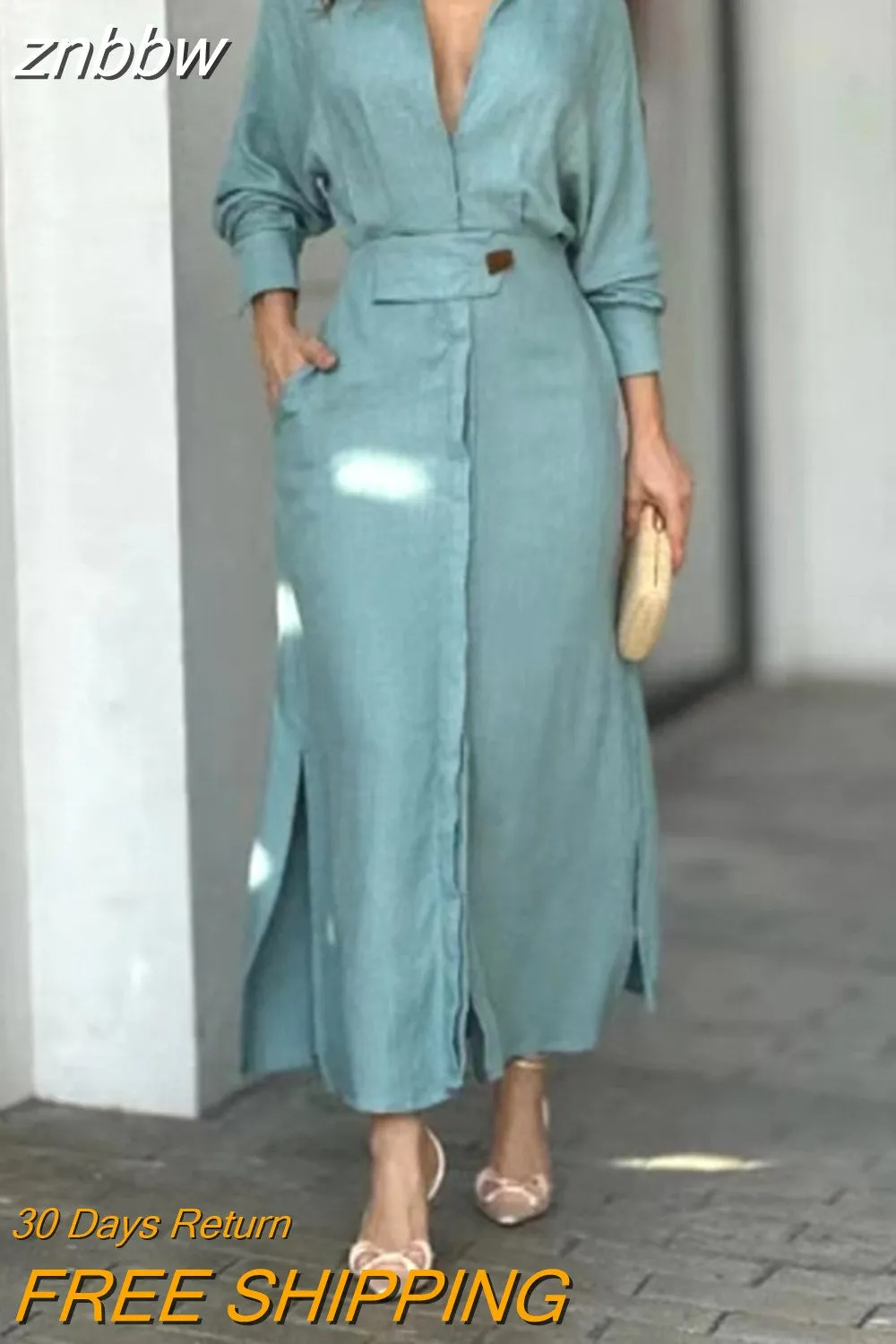 znbbw Fashion Slit Solid Shirt Dress Women Casual V Neck Lapel Full Sleeve With Pockets Long Skirt Spring Lady Streetwear Dresses
