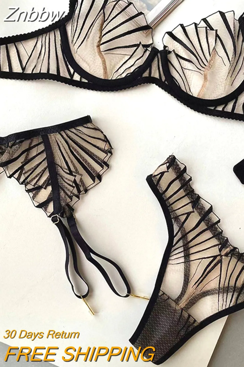 Znbbw Fancy Lingerie For Women Transparent Lace Embroidery Garter 3-Piece Sexy Underwear Sheer Bra Intimate Kits Bilizna Set