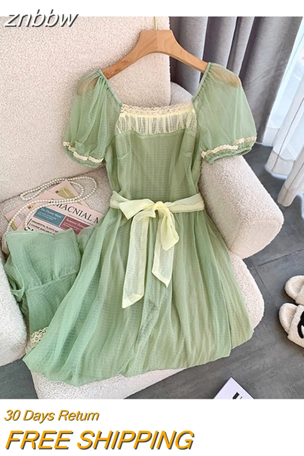 znbbw Summer Fairycore Backless Square Collar Bow Lace-up Green Long Dresses Women High Waist Chiffon Loose Evening Dress