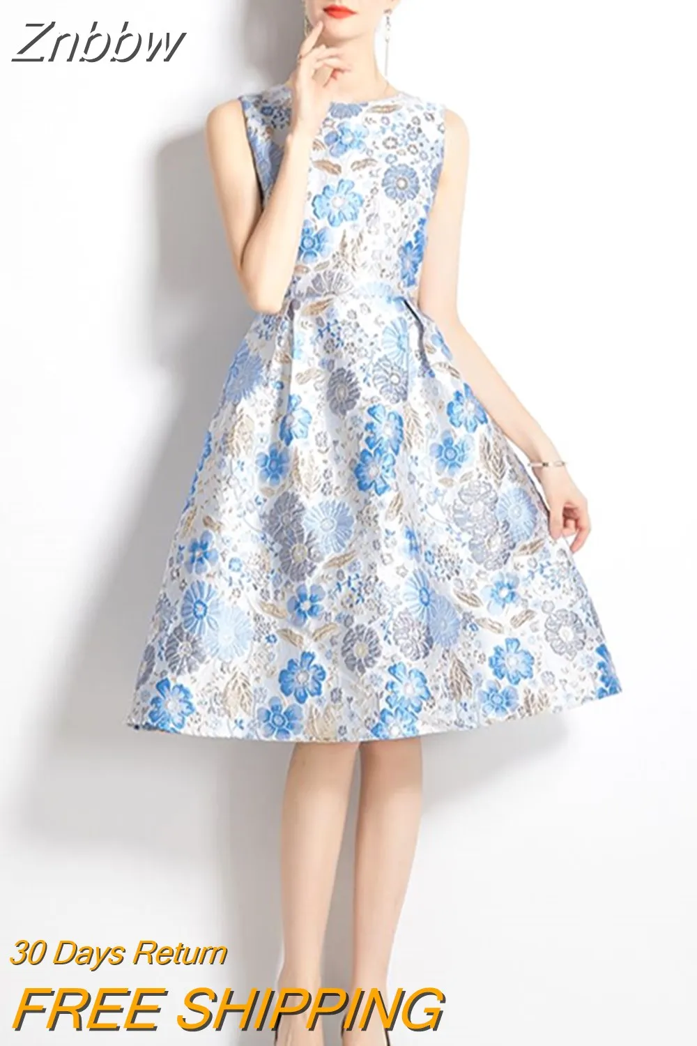 Znbbw Dress for Women 2023 Elegant High Waist Floral Sleeveless Vest Vintage Dress Above Knee Mini Tank O-Neck Club Dresses