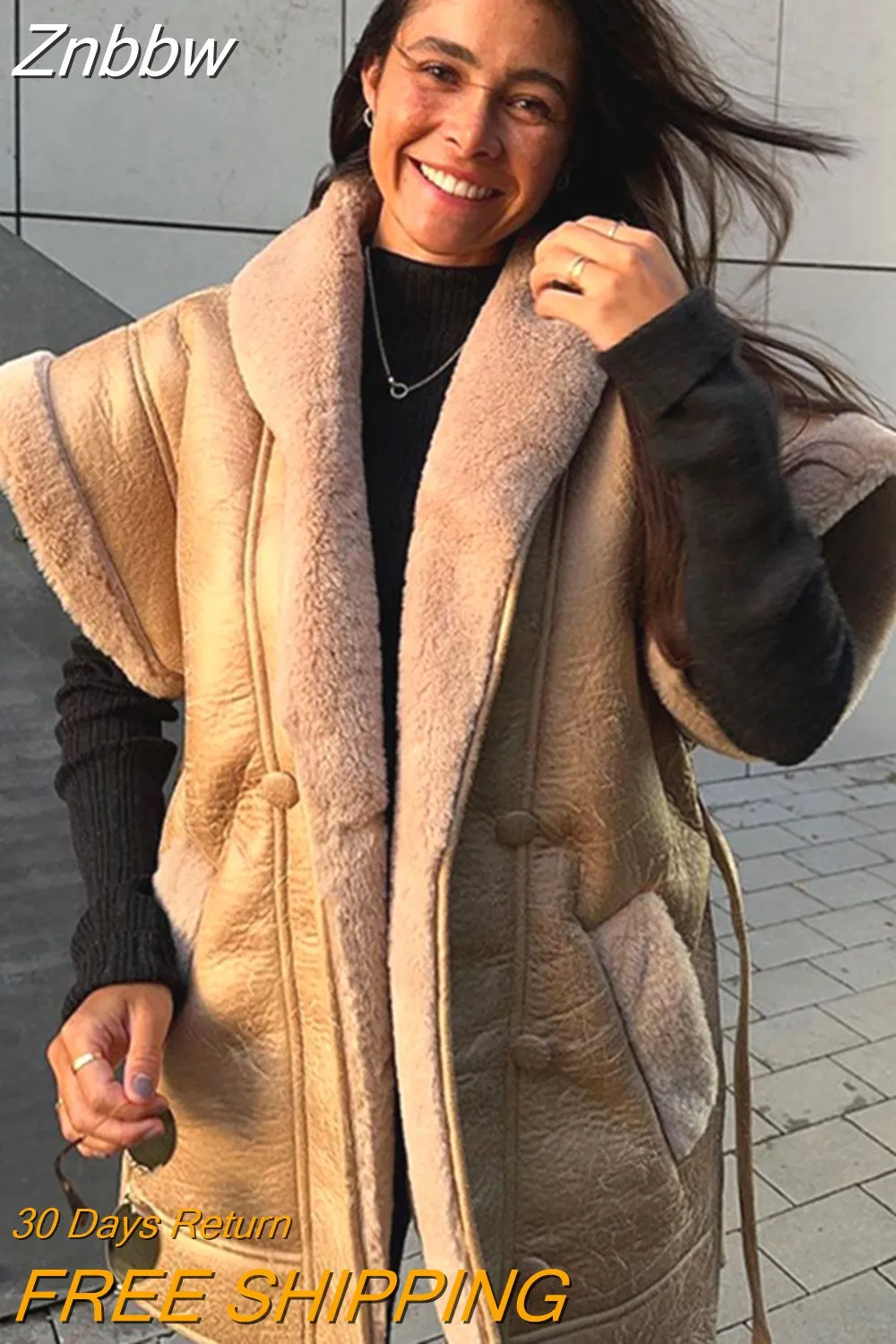 Znbbw Warm Plush Lapel Leather Vest Jacket Women's Casual Fashion Sleeveless Single Breasted Jacket 2023 Autumn/Winter Chic Tops
