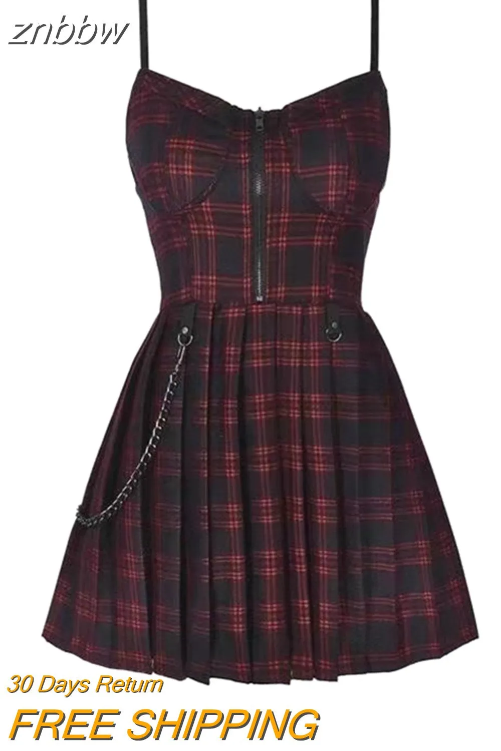 znbbw Girls Red Plaid Pleated Emo Alt Dress Y2K Zip Up Robe Femme Punk Black Spaghetti Strap Mini Short Jurken Goth Streetwear