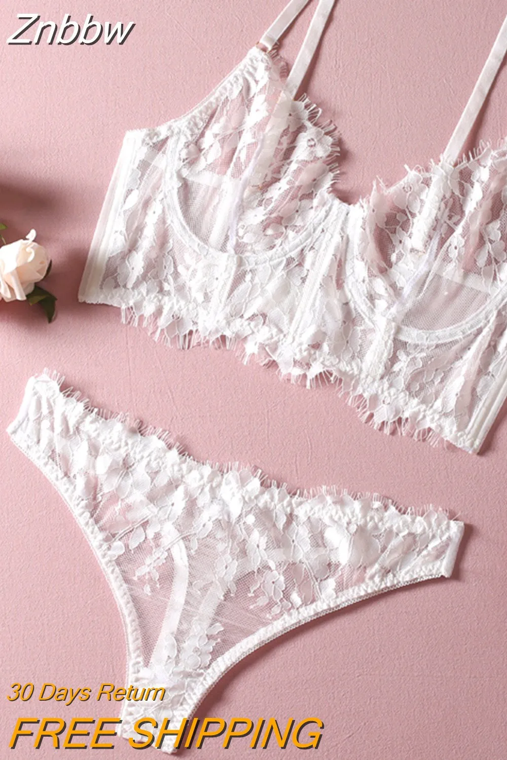 Znbbw Sexy Lingerie Transparent Bra Set Women 2 Piece Lace Underwear White Sensual Wedding Intimate Porn Erotic Outfits