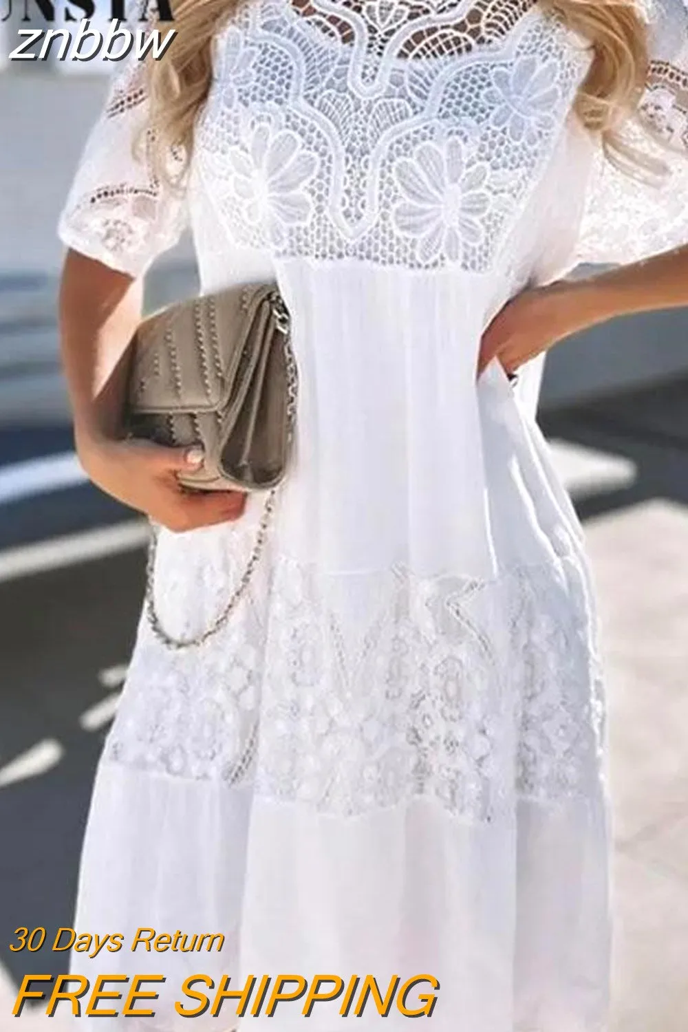 znbbw Lace Patchwork Temperament Beach Dress Summer Short Sleeve Folds Dress Fashion New Lace Pattern O-Neck Loose Women Dress