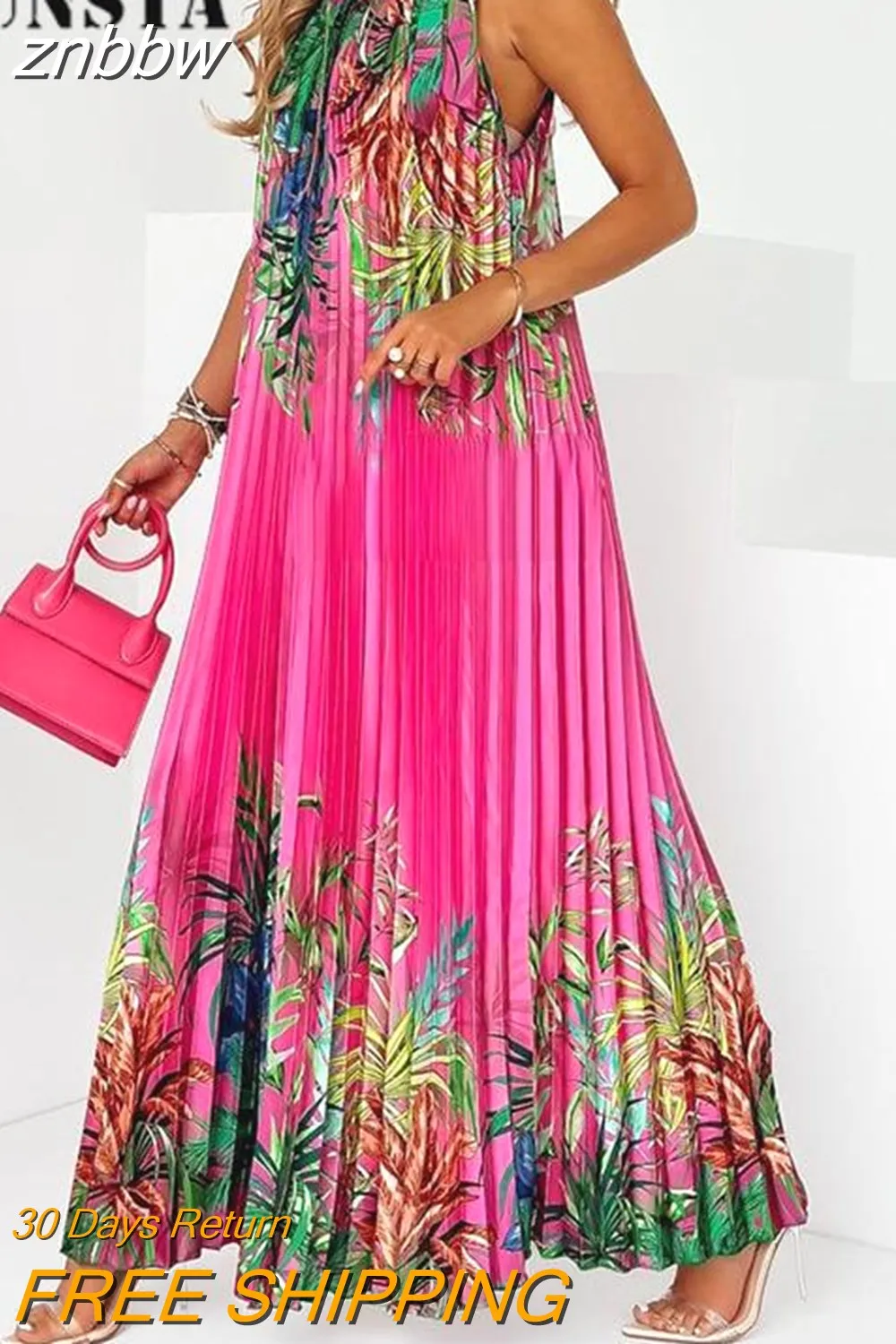 znbbw Simple Holiday Party Dress Vestido Sexy Loose Summer Halter Pleated Maxi Dress Women Fashion Sleeveless Print Boho Dress