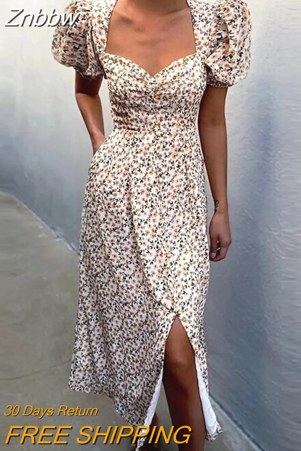 Znbbw Midi Dress For Women 2023 New Fashion Streetwear Square Neck Puff Sleeve Print Dress Woman Casual Split Dresses Sundress