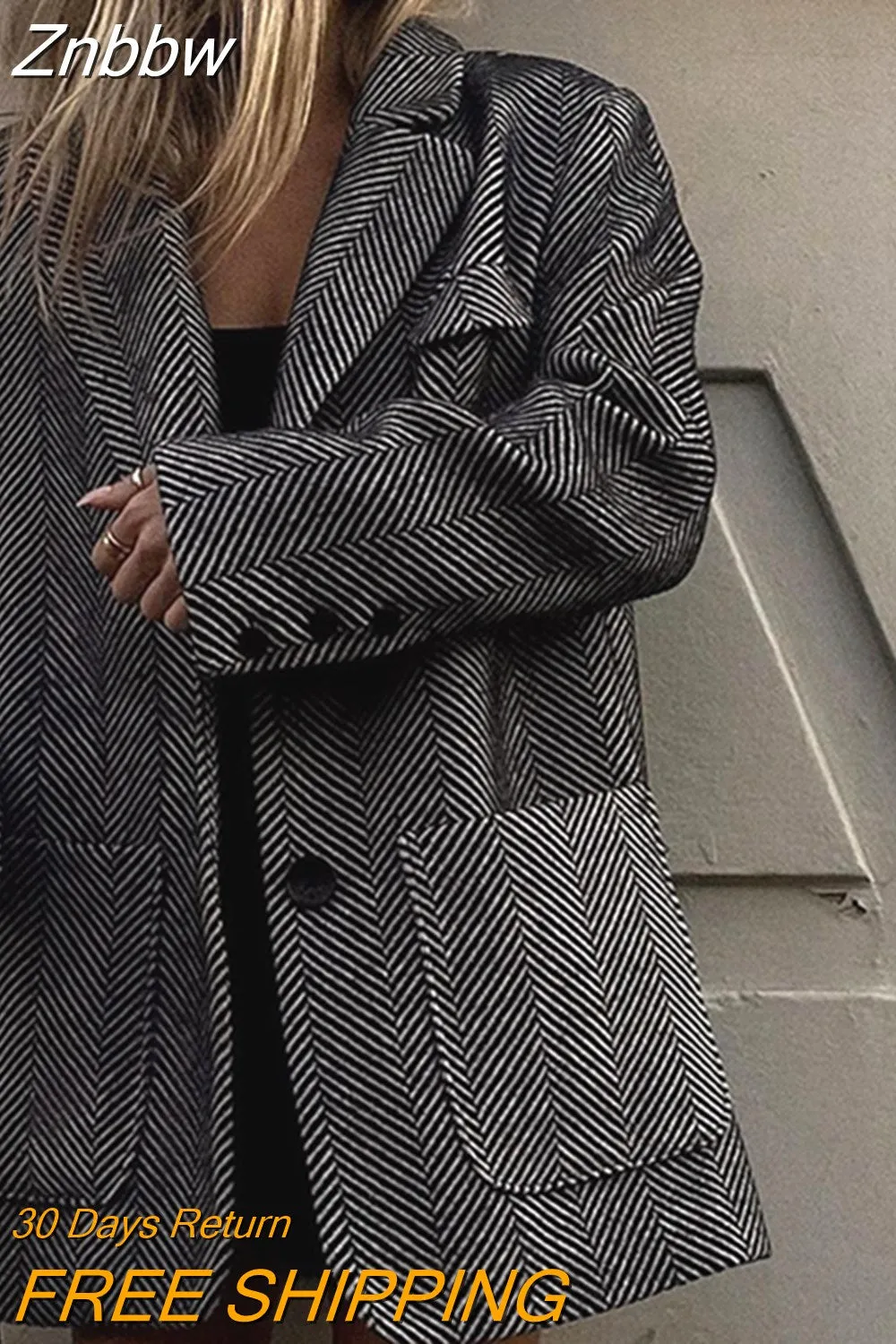 Znbbw Lapel Striped Fashion Loose Coat Casual Women's Elegant Thick Warm Blazer 2023 Autumn/Winter Female Commuter Outwear