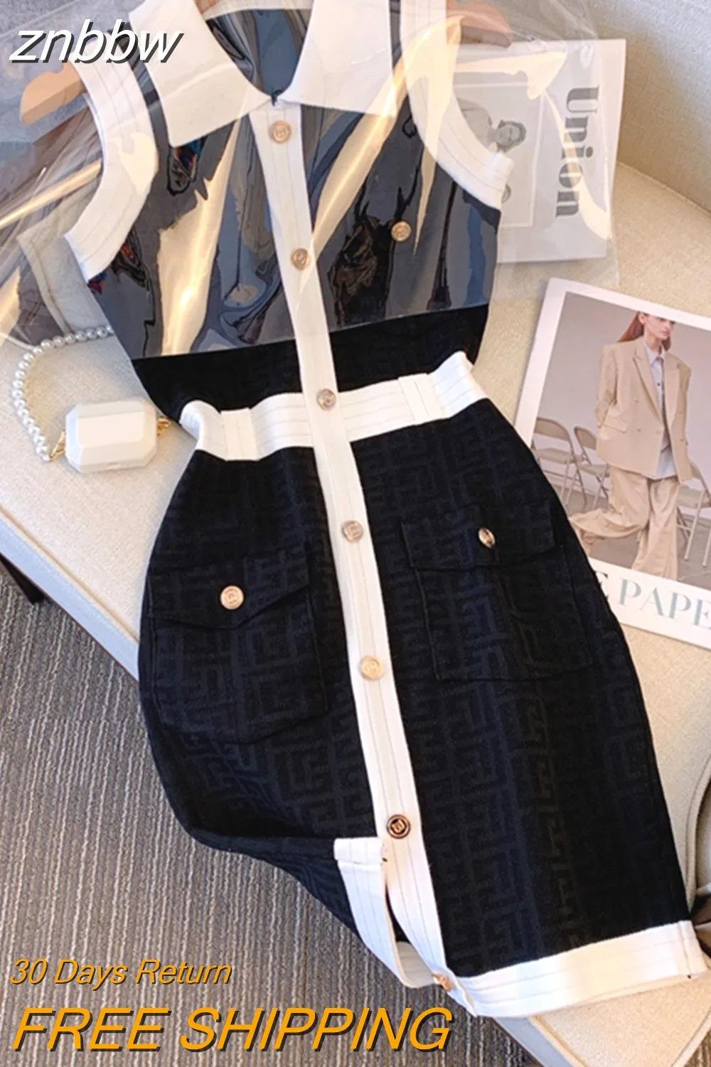 znbbw Women Summer Luxury Elegant Patchwork Button Mini Dress 2023 Fashion Turn-Down Collar Contrast Color A-Line Dress Ladies Clothes