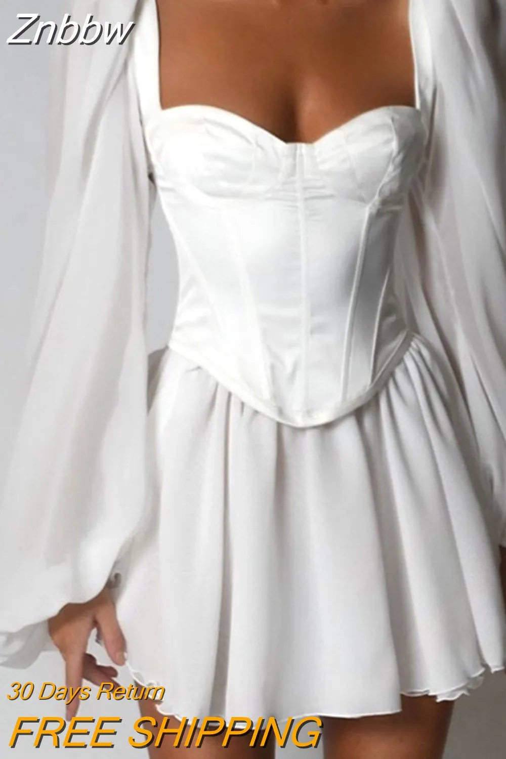 Znbbw Women Fashion Elegant High Waist Slim Solid White Office Lady A-Line Mini Dress 2023 Spring Autumn New Women Party Dress