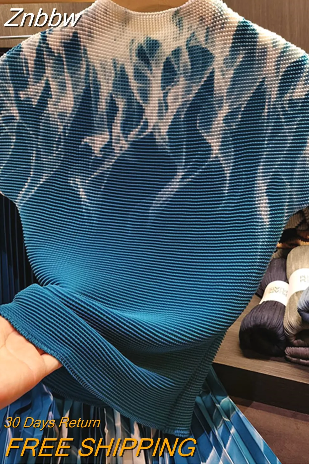 Znbbw Pleated Suit Women 2023 Summer Gradient Color Printed Stretchy Pullover Top and High Waist Pleated Skirt Two-Piece Set