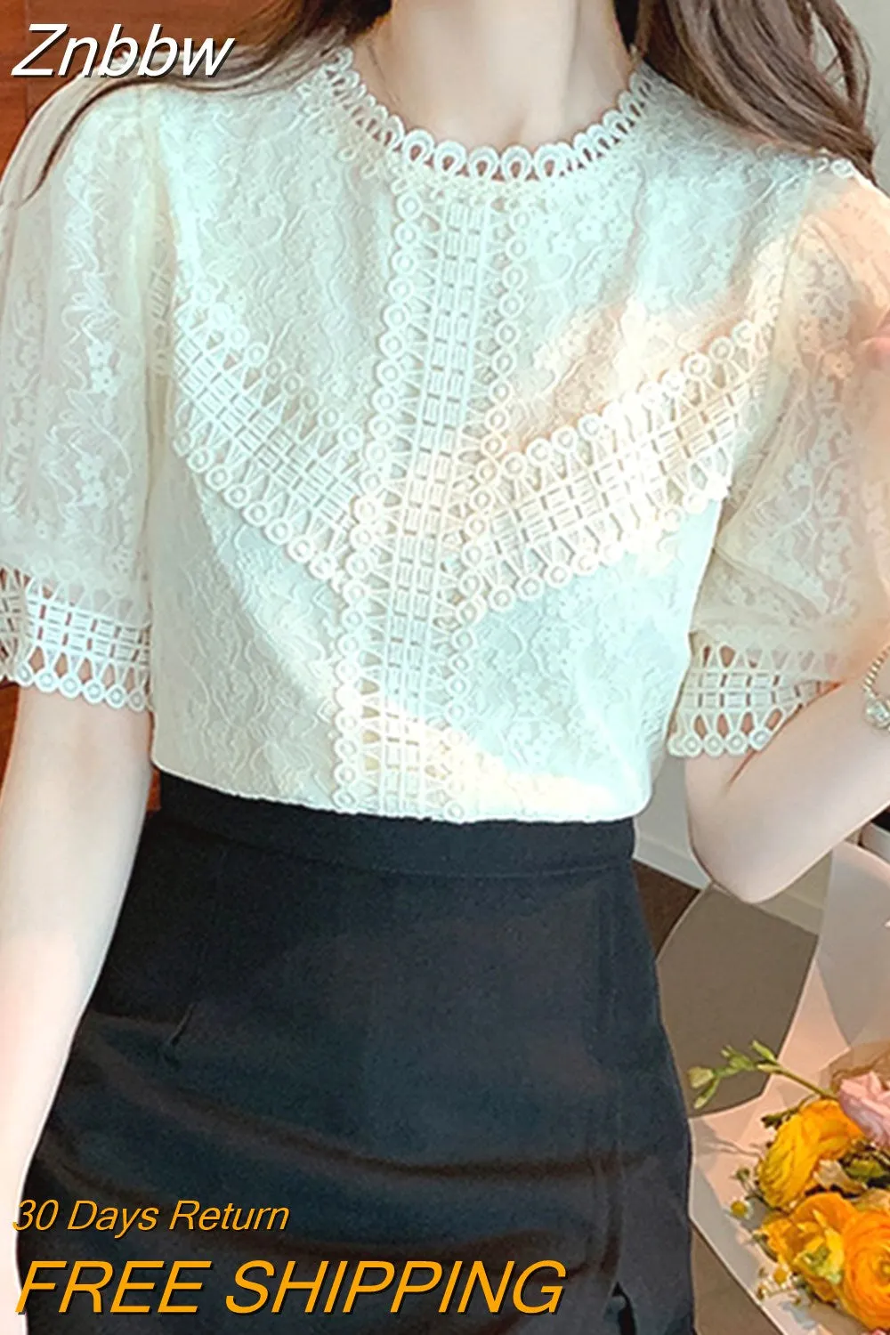 Znbbw Mujer De Moda 2023 Verano Elegantes Short Sleeve Blouse Women Apricot White Lace Blouse Shirt Women Tops Blouses E348