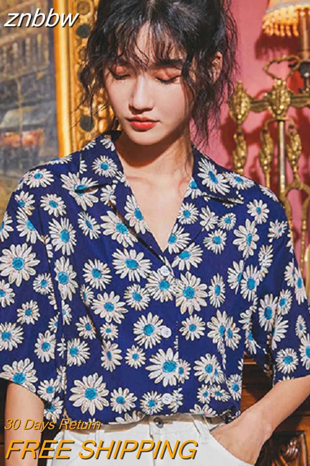 znbbw Summer Casual Floral Pirnt Women's Blouse Notched Collar Short Sleeve Shirt Ladies Tops Loose Button Up Female Clothing