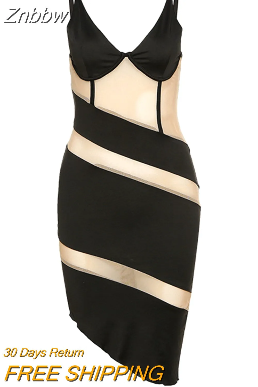 Znbbw fashion sexy see through v neck strap mini dress women summer party beach vacation bodycon dress new black patchwork